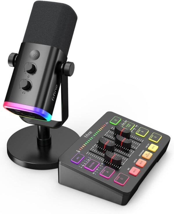 FIFINE Gaming Audio Mixer Bundle with Streaming Microphone and 4-Channel RGB Mixer Set with XLR Interface