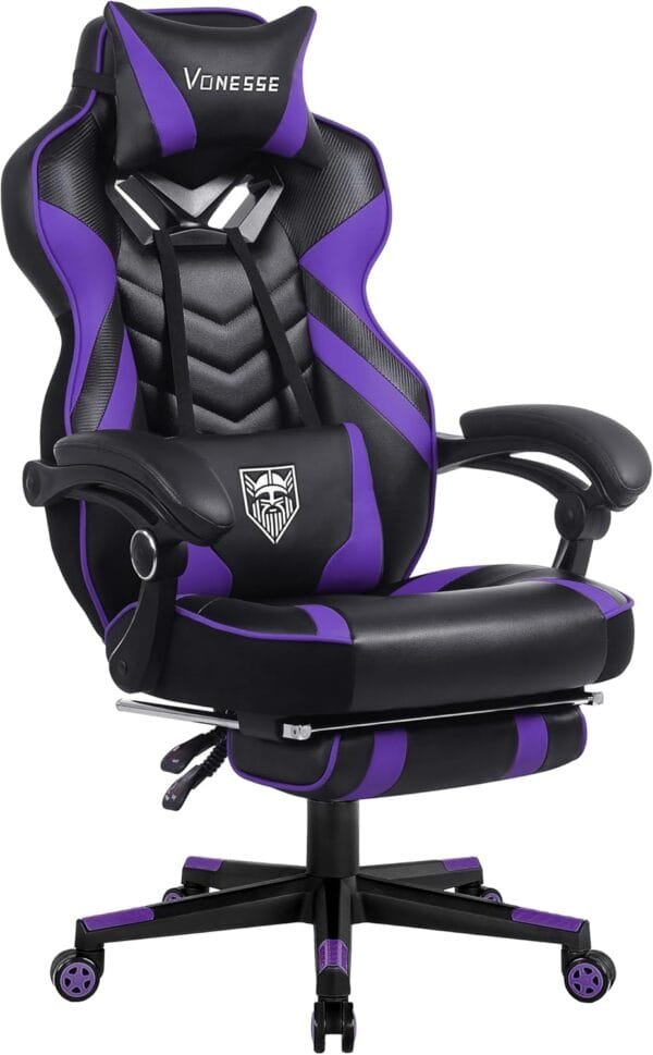 "Vonesse Gaming Chair – Ergonomic Reclining Gamer Chair with Footrest & Massage Lumbar Support (Purple/Black)"