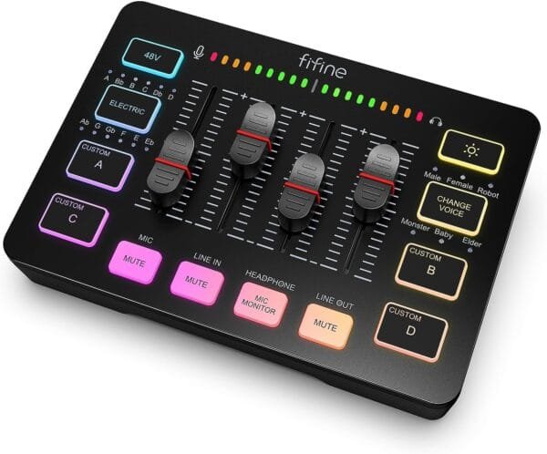 FIFINE Gaming Audio Mixer, Streaming RGB PC Mixer with XLR Microphone Interface