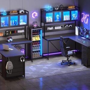 SEDETA U-Shaped LED Gaming Desk – 62” Corner or 87” Long Office Desk with RGB Lighting, Storage, and Power Outlet