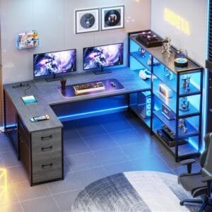 SEDETA U-Shaped LED Gaming Desk – Multi-Monitor Workstation with Storage, Power Outlet & RGB Lighting for Gamers & Streamers