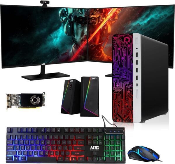 HP G3 Gaming Desktop PC with 27 Inch Dual Monitor, RGB Keyboard Mouse, Speaker, Webcam, Win 10 Pro